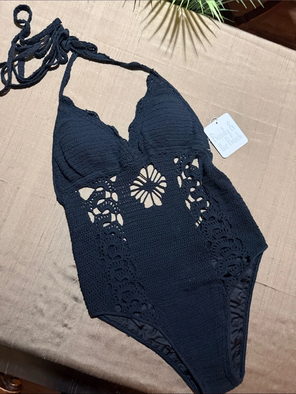Beauty and the Beach Black Crochet One-Piece Swimsuit Medium NWT